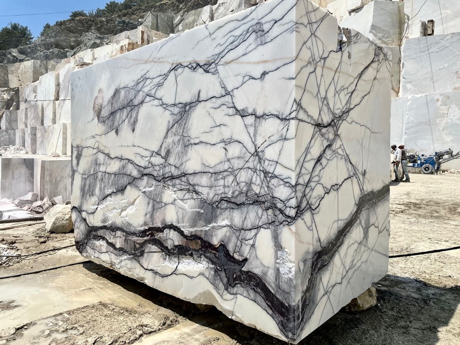Natural stone quarry block with striking dark veins across a pale surface
